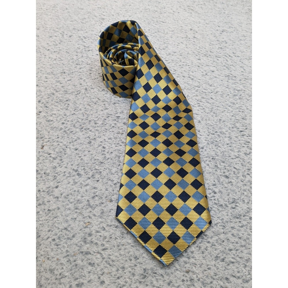 Brooks Basics Silk Tie Repp Style Diamond Geometric Blue & Gold USA Preppy Ivy